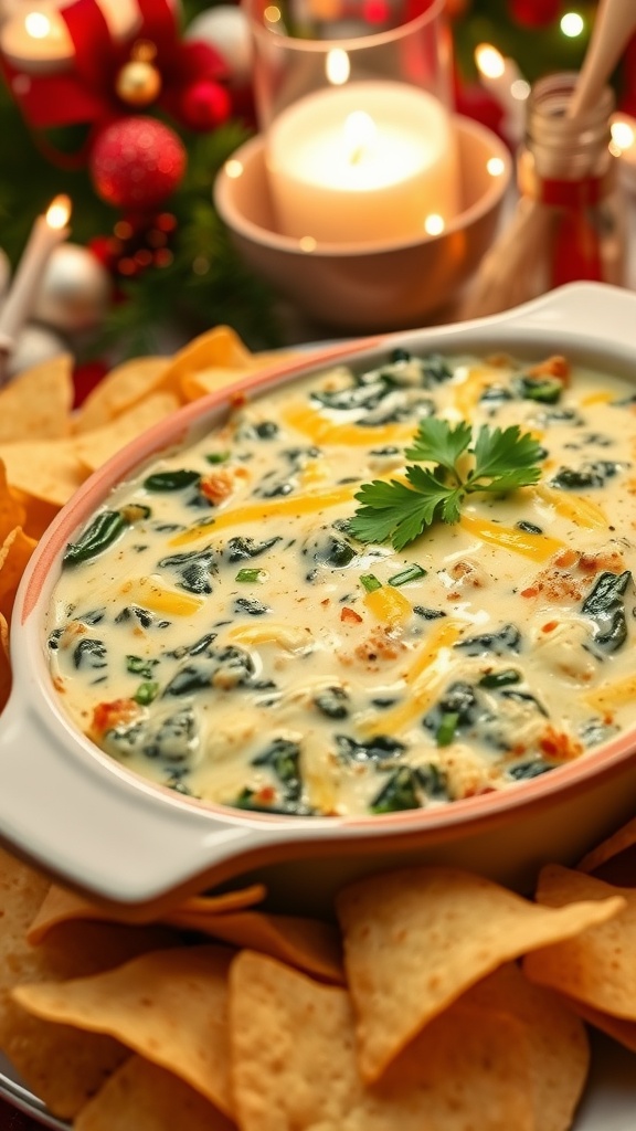 Warm spinach and artichoke dip with tortilla chips on a festive table.